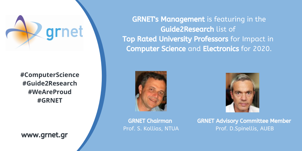 GRNET’s Management, the Chairman of the Board and a Member of the Advisory Committee are included in the list of Top Rated University Professors for Impact in Computer Science and Electronics for 2020 according to Guide2Research.